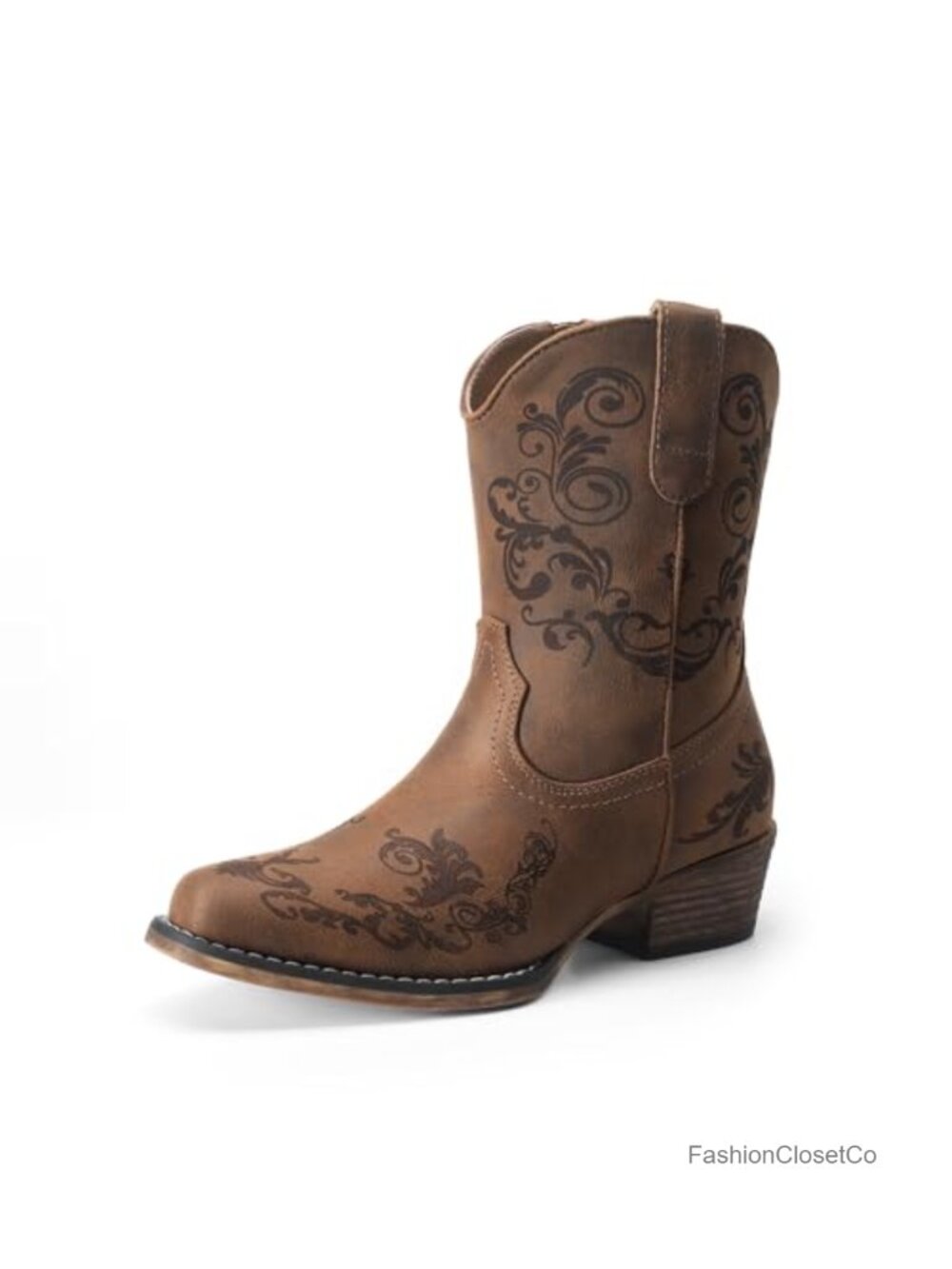 Vegan Leather Square Toe Cowboy Ankle Boots with Side Zipper